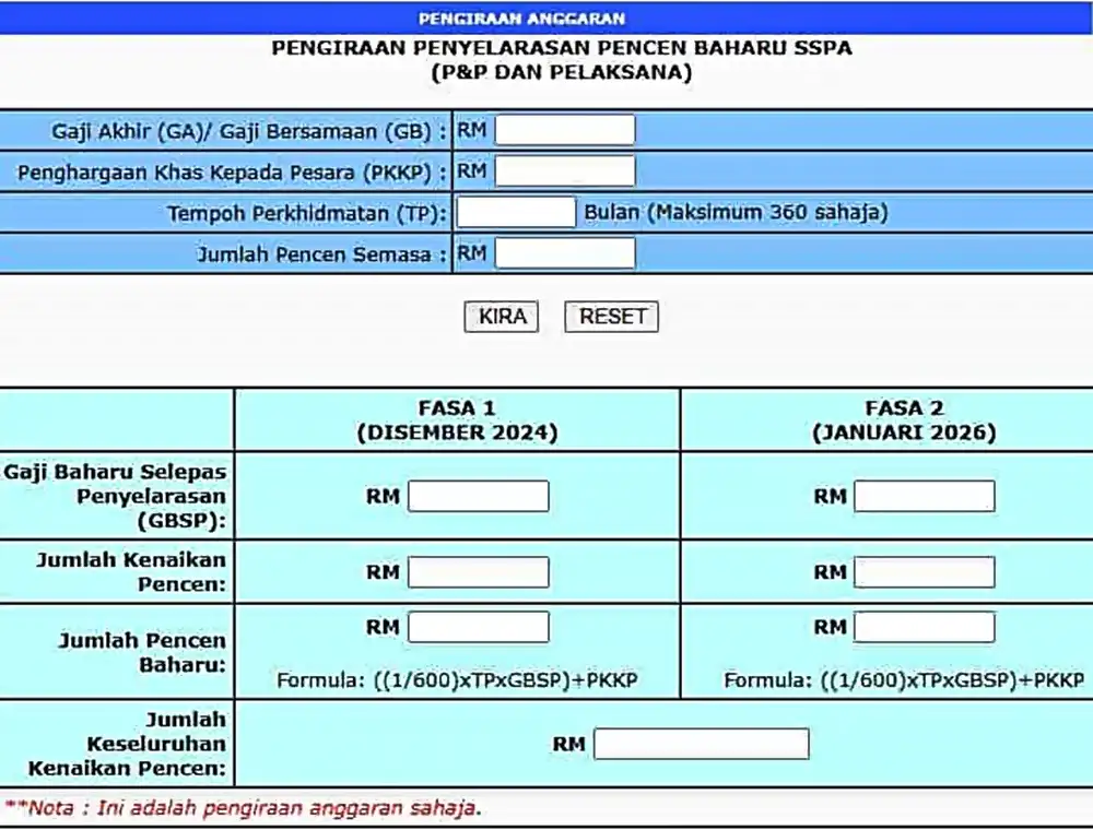 cara kira kenaikan pencen sspa